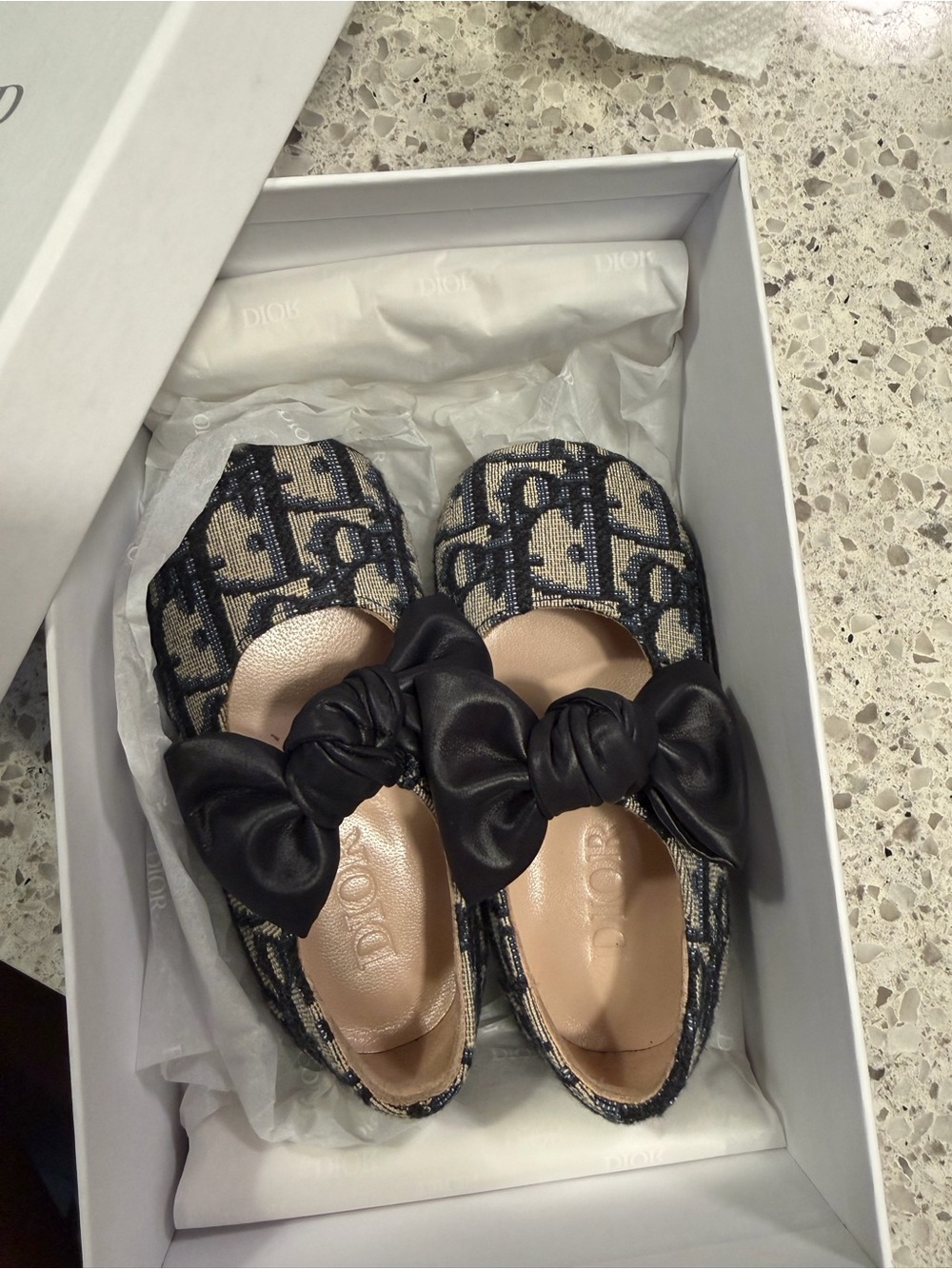 Dior Kids Monogram Ballet Flats in Navy and Beige with Black Bow